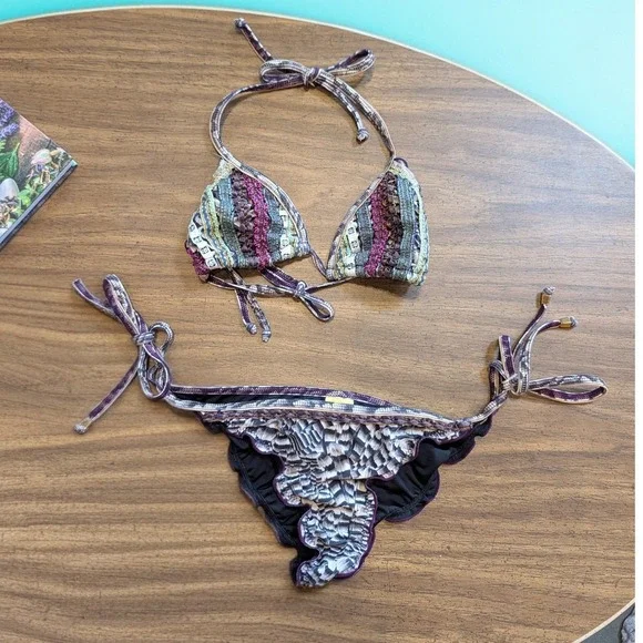 Agua Bendita Bikini Set Small Purple Feather Ribbon Embroidered Brazil Scrunch - Picture 1 of 15